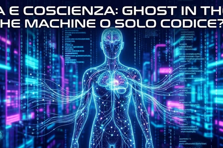 Figura umana trasparente con circuiti in una grafica sulla coscienza delle macchine.
