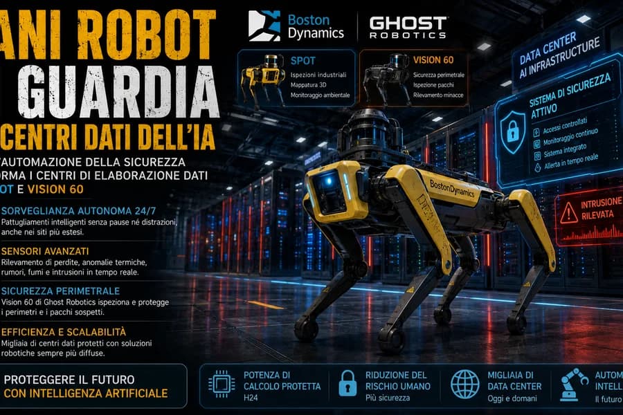 Cane robot che sorveglia un corridoio di server in un centro dati.