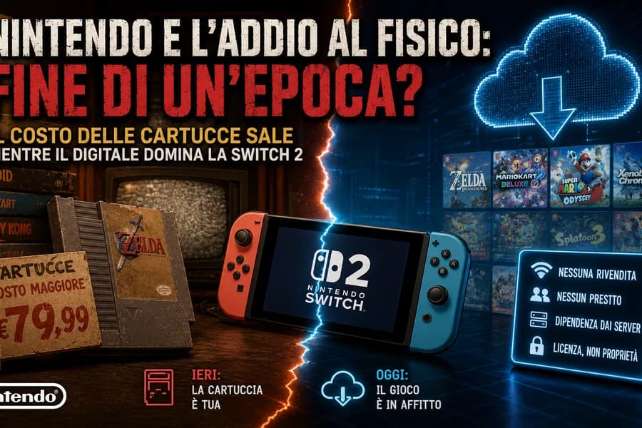 Console Nintendo e cartucce fisiche in un'illustrazione sul futuro dei videogiochi su supporto.