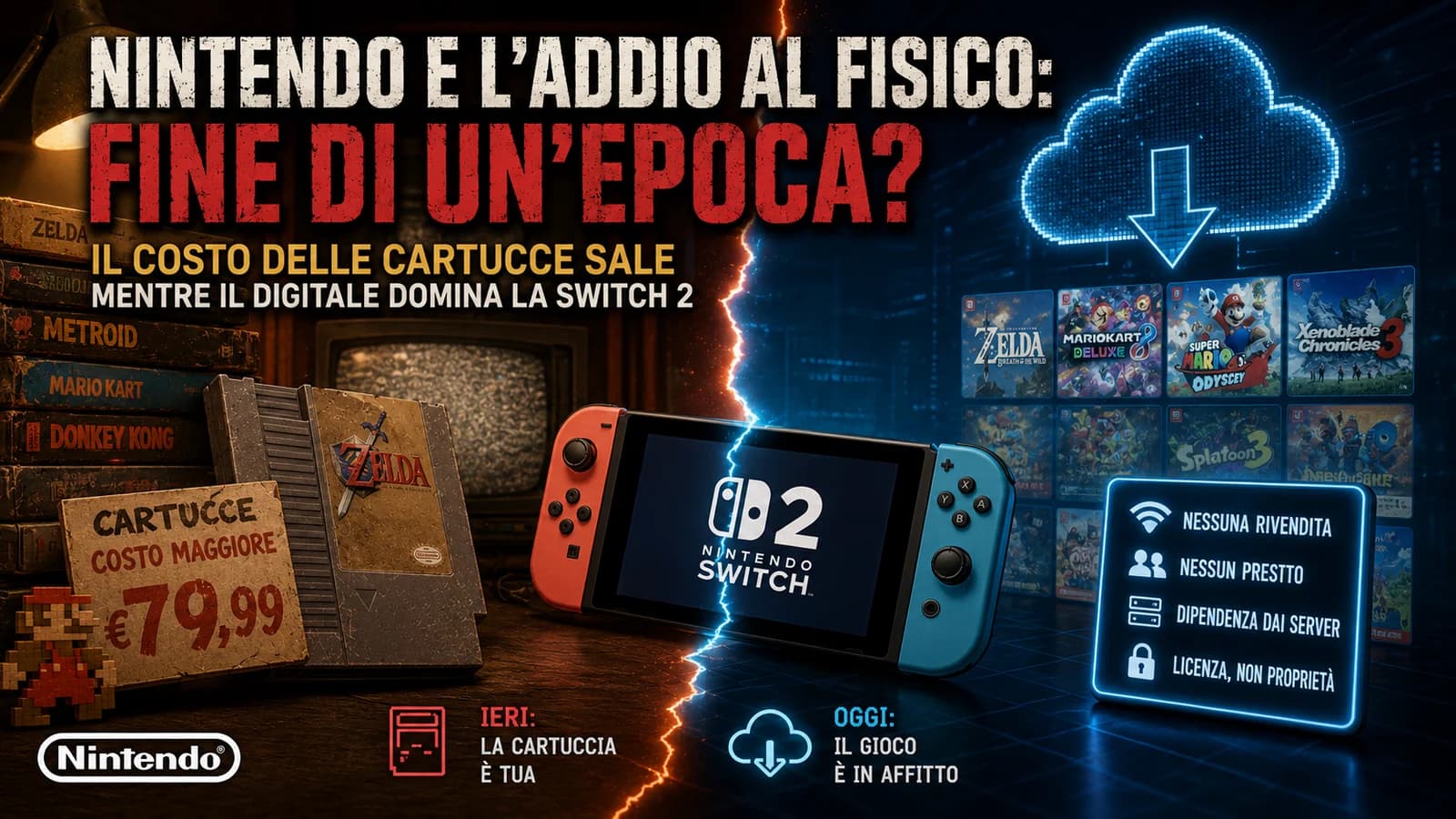 Console Nintendo e cartucce fisiche in un'illustrazione sul futuro dei videogiochi su supporto.