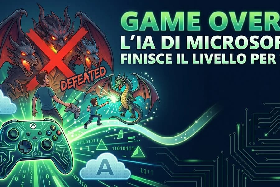Controller da videogiochi con IA e un grande segnale Game Over in una grafica dedicata a Microsoft.