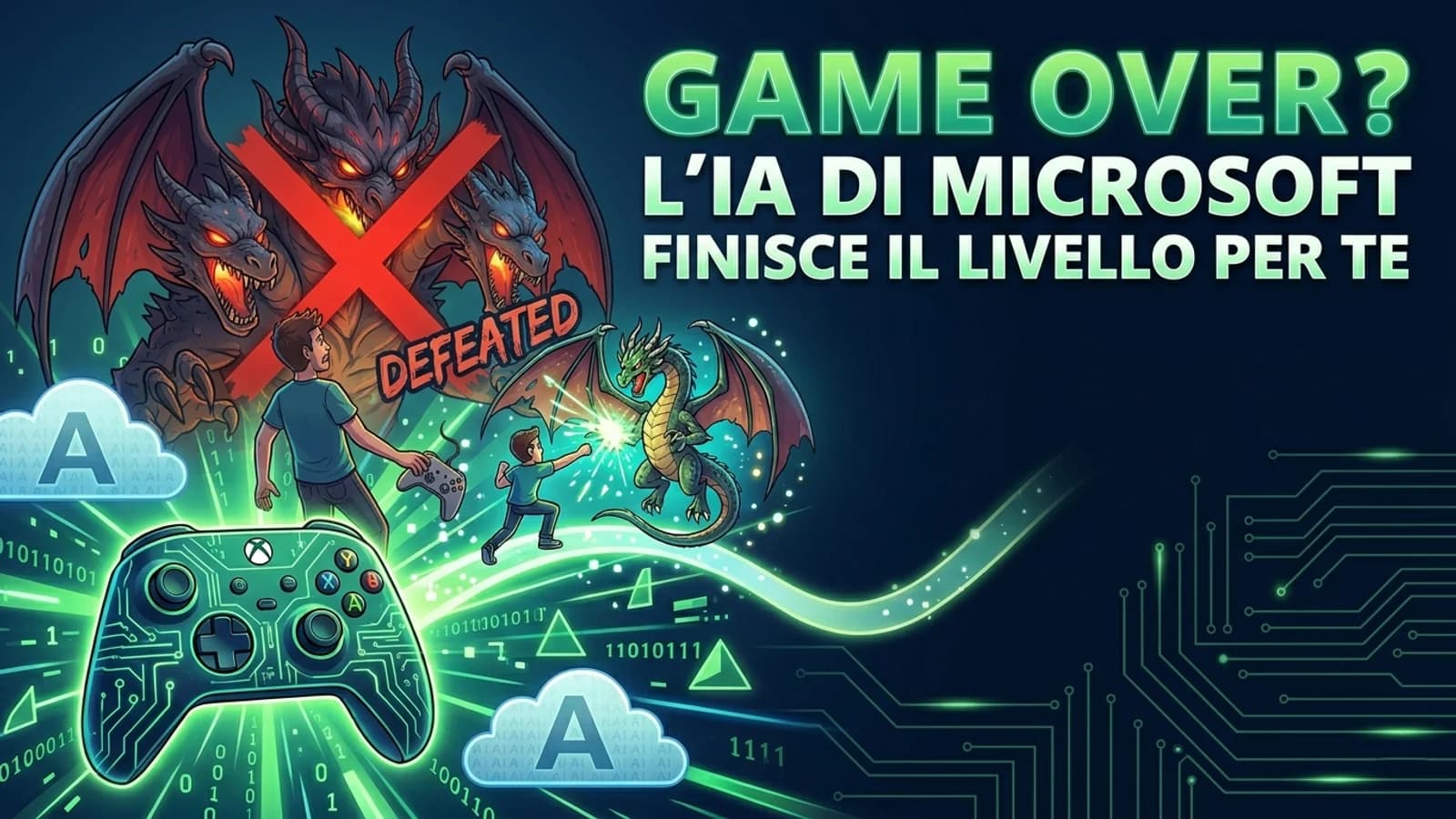 Controller da videogiochi con IA e un grande segnale Game Over in una grafica dedicata a Microsoft.