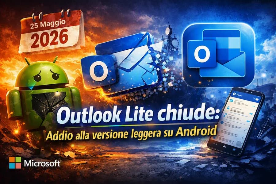 Icona Outlook e mascotte Android su una grafica relativa alla chiusura di Outlook Lite.