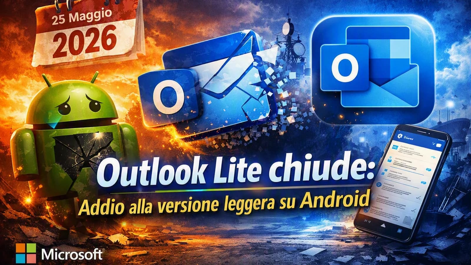 Icona Outlook e mascotte Android su una grafica relativa alla chiusura di Outlook Lite.