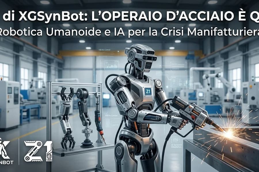 Robot umanoidi industriali in una fabbrica di acciaio, con grafica dedicata a XGSynBot Z1.