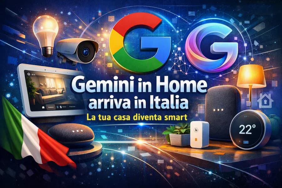 Infografica di Gemini in Home con dispositivi domestici intelligenti, altoparlanti e comandi vocali.