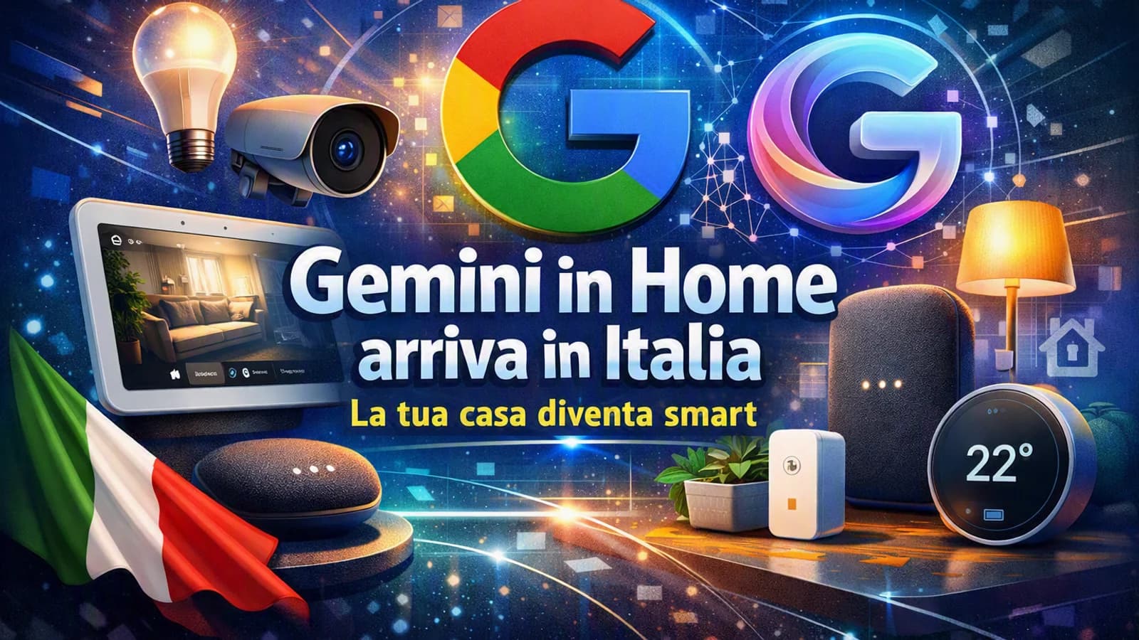 Infografica di Gemini in Home con dispositivi domestici intelligenti, altoparlanti e comandi vocali.