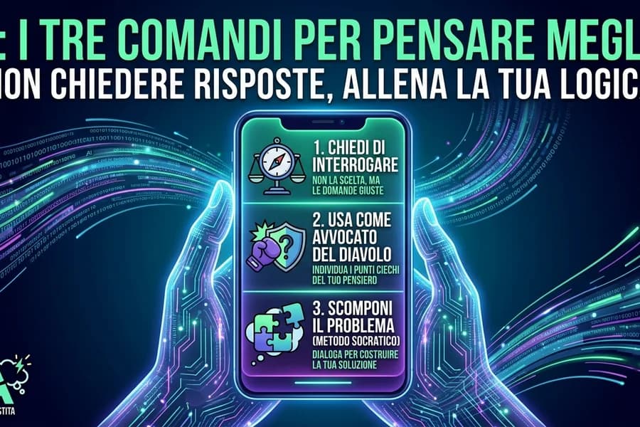 Illustrazione di uno smartphone con tre suggerimenti per ragionare meglio usando l'IA.