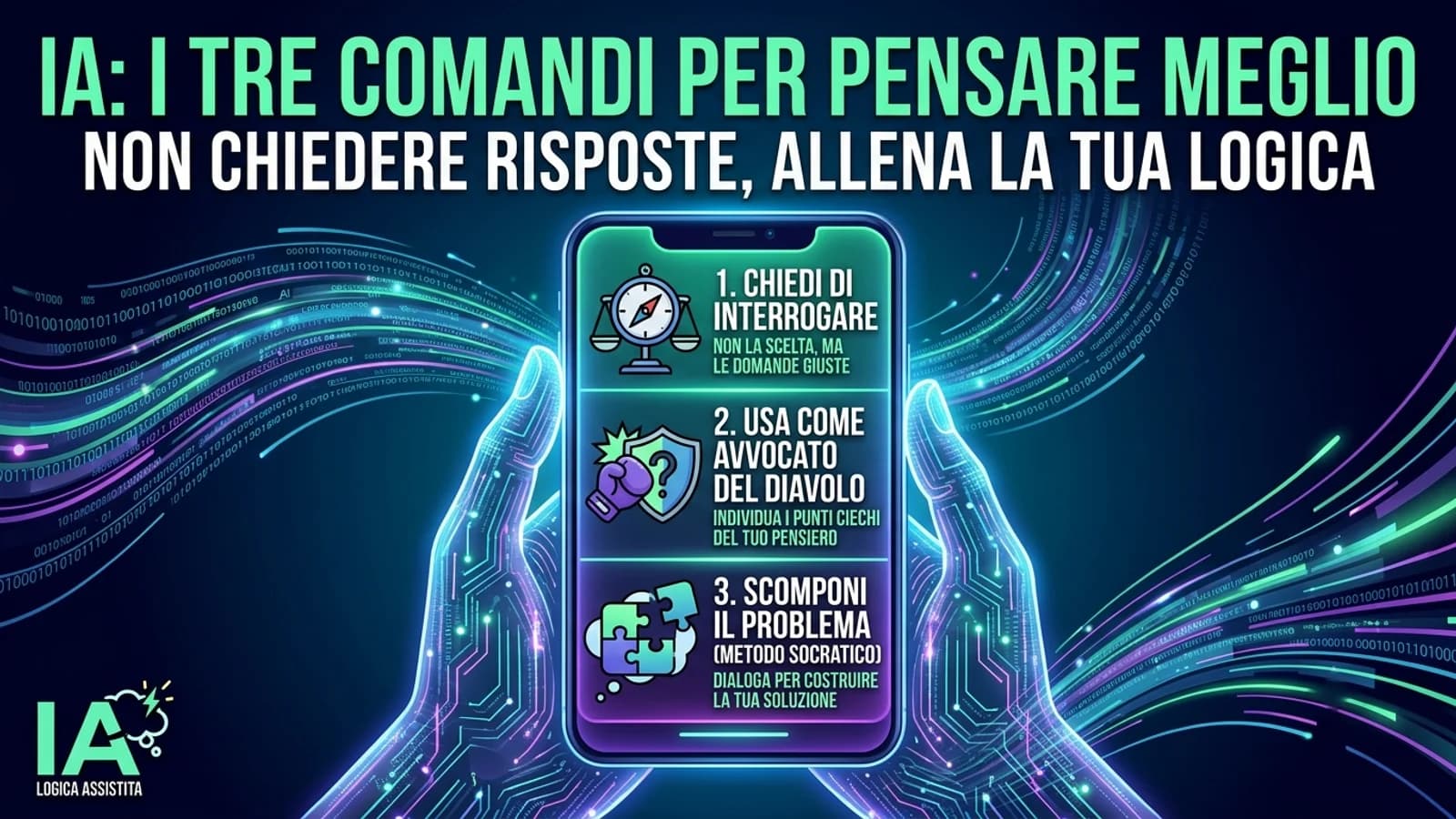 Illustrazione di uno smartphone con tre suggerimenti per ragionare meglio usando l'IA.