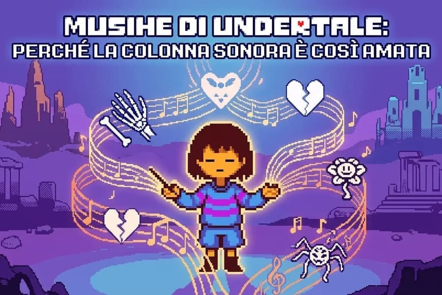 Illustrazione pixel-art di Undertale con personaggio centrale e simboli musicali su fondo viola.