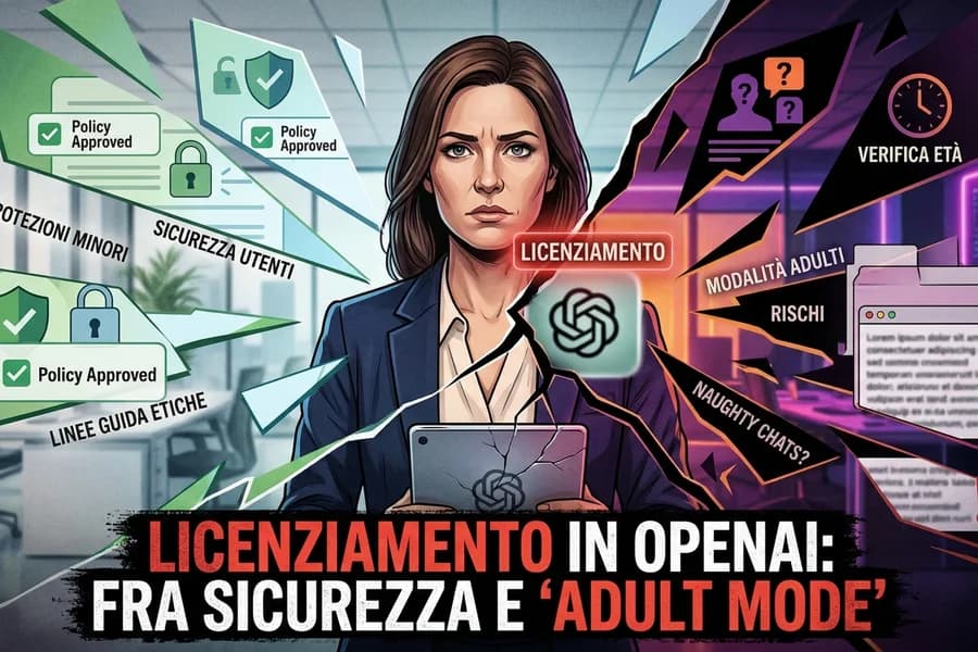 Ritratto di una donna su sfondo di loghi OpenAI e grafica sulla gestione del personale.