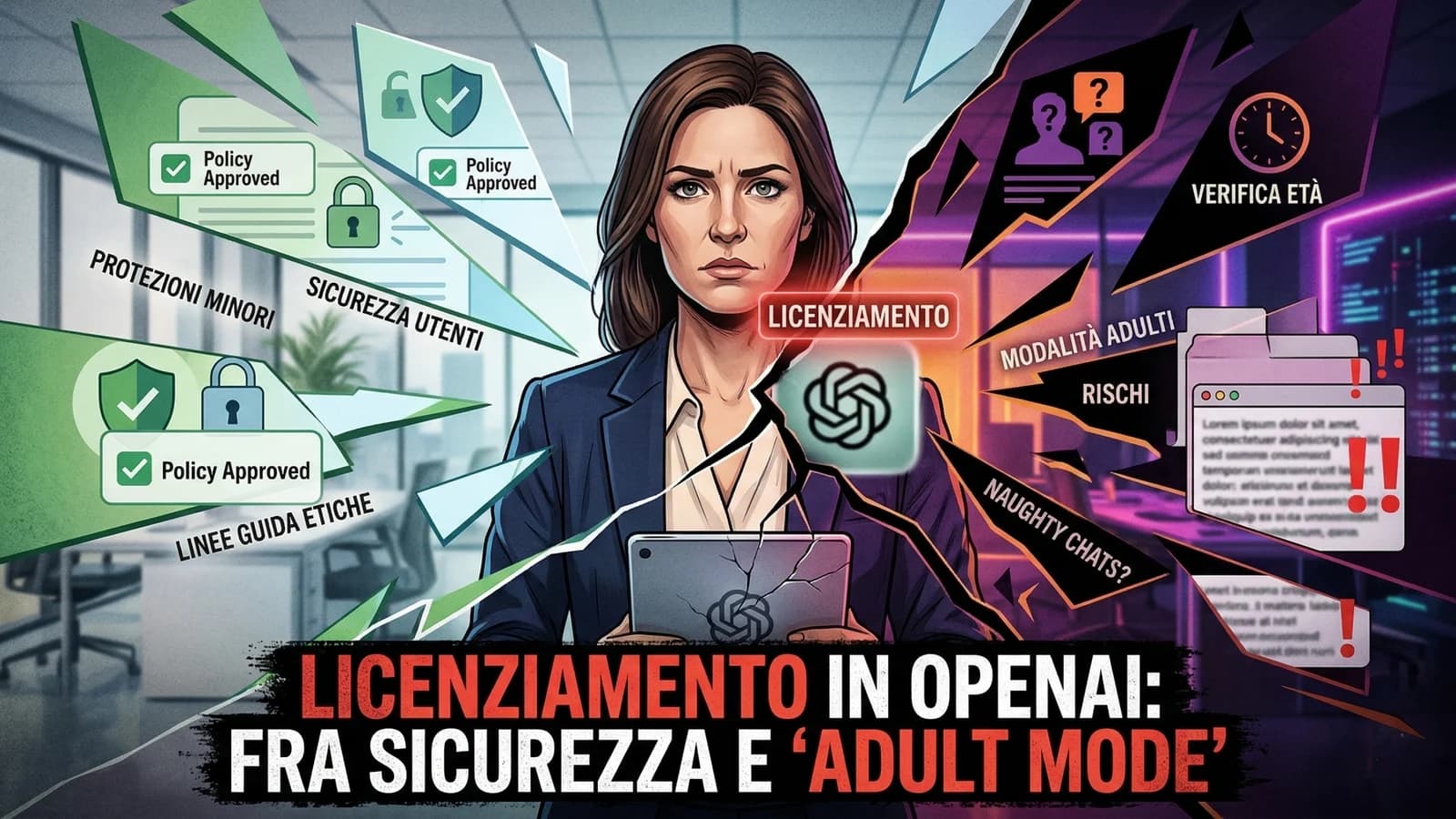 Ritratto di una donna su sfondo di loghi OpenAI e grafica sulla gestione del personale.