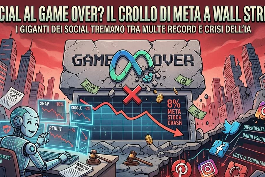 Collage di videogiochi, loghi Meta e grafici finanziari in calo.