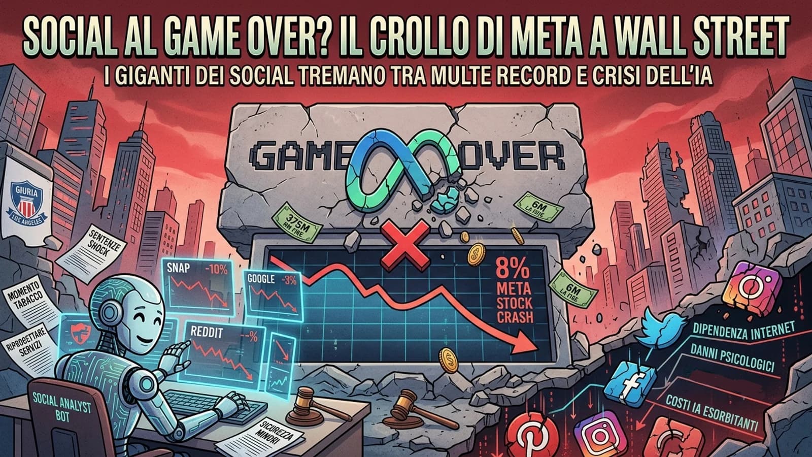 Collage di videogiochi, loghi Meta e grafici finanziari in calo.