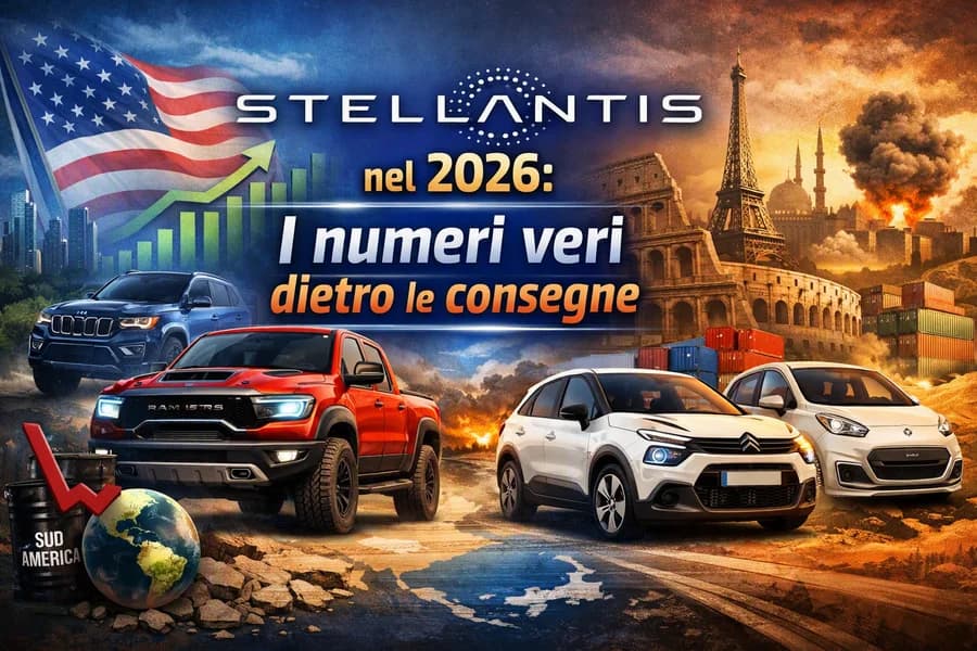 Collage di vetture Stellantis e grafici sulle consegne e sui risultati del gruppo nel 2026.
