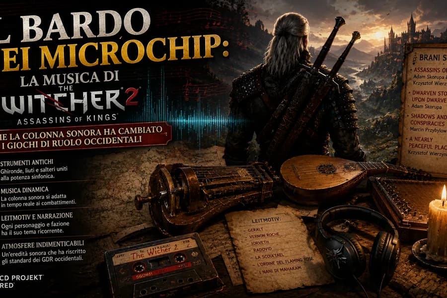 Personaggio fantasy con strumenti musicali e atmosfera medievale dedicata alla musica di The Witcher 2.
