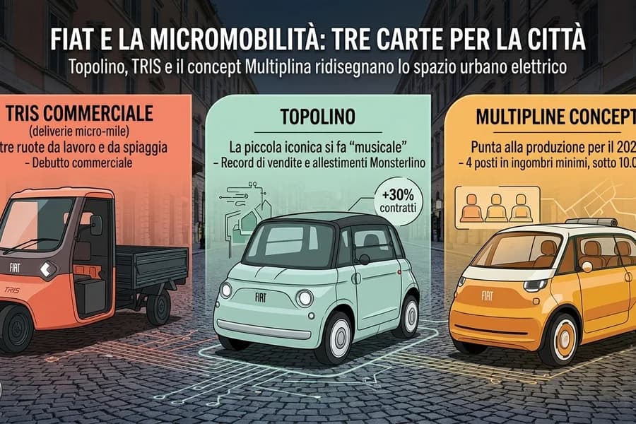 Infografica su tre veicoli per la micromobilità Fiat, fra quadricicli e piccoli mezzi urbani.