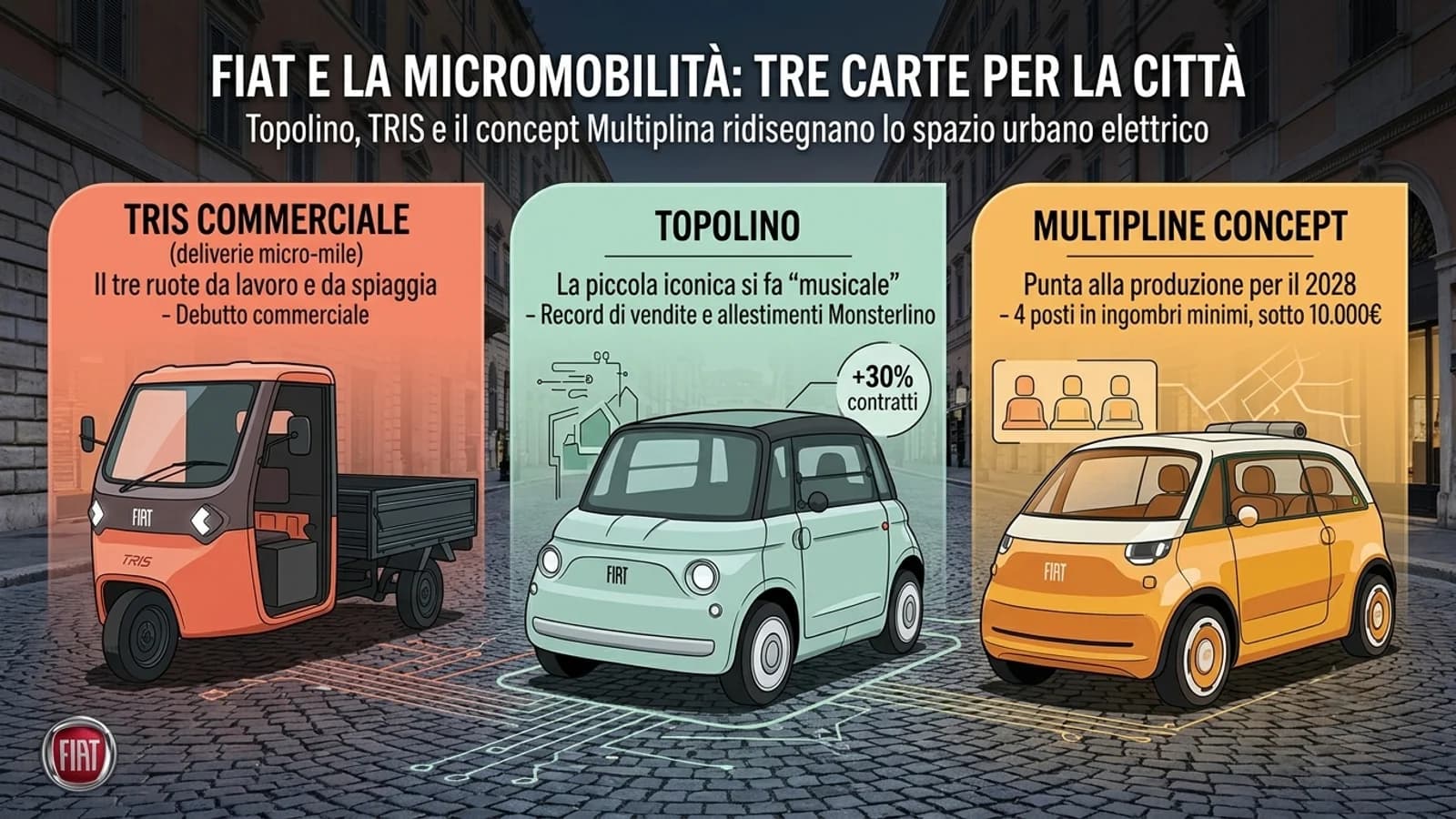 Infografica su tre veicoli per la micromobilità Fiat, fra quadricicli e piccoli mezzi urbani.