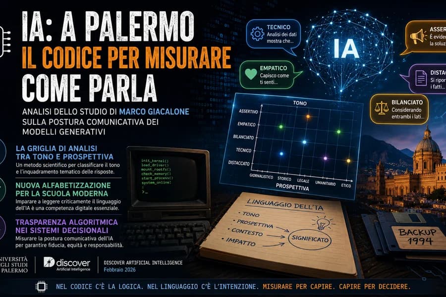 Infografica su un sistema di misurazione dell'IA con schemi, codice e ricercatori a Palermo.