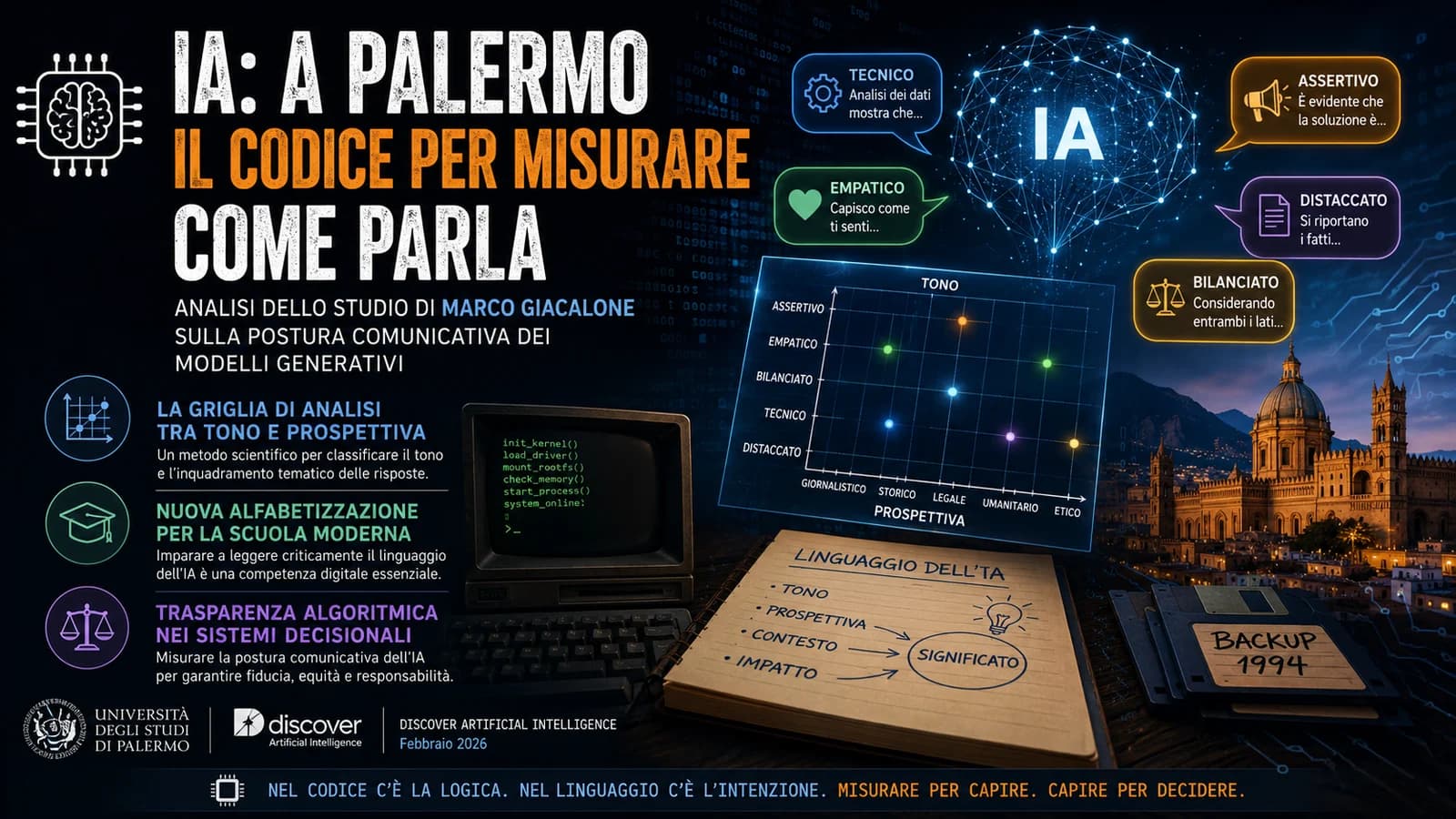 Infografica su un sistema di misurazione dell'IA con schemi, codice e ricercatori a Palermo.