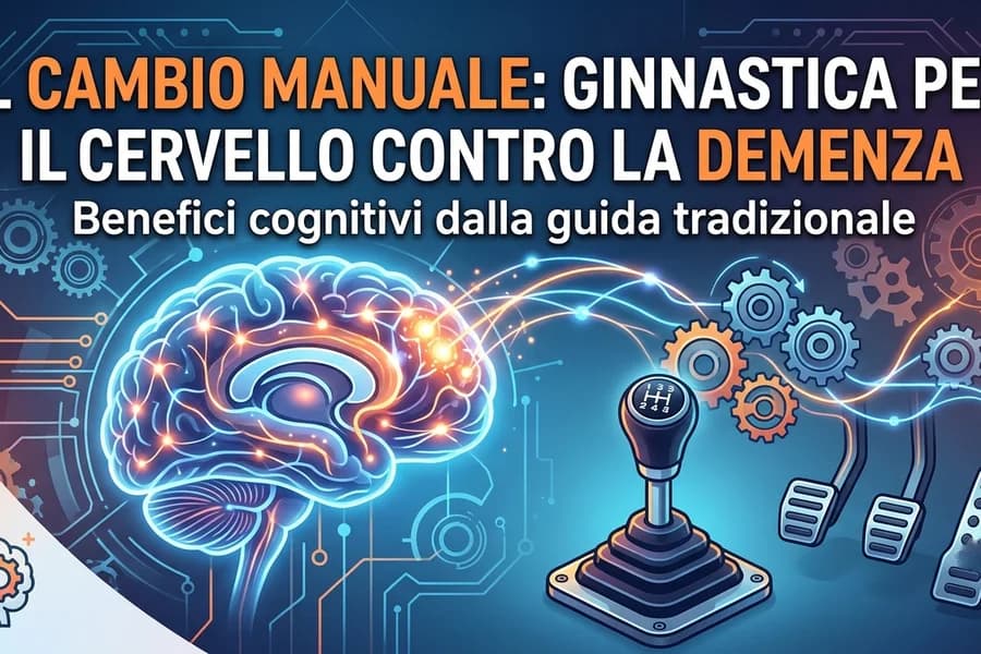 Illustrazione del cervello, leva del cambio e comandi automobilistici in un articolo sul cambio manuale.