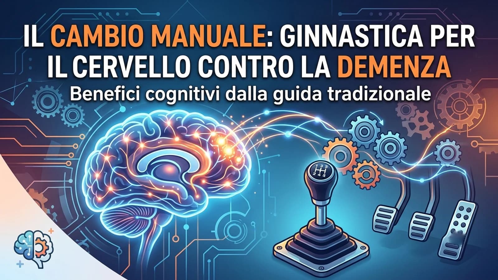 Illustrazione del cervello, leva del cambio e comandi automobilistici in un articolo sul cambio manuale.
