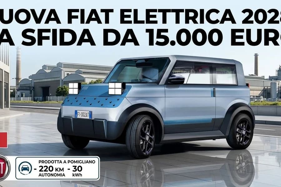 Piccola Fiat elettrica bianca ambientata in città, in una copertina sul prezzo previsto.