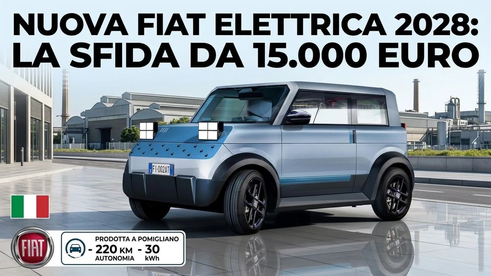 Piccola Fiat elettrica bianca ambientata in città, in una copertina sul prezzo previsto.