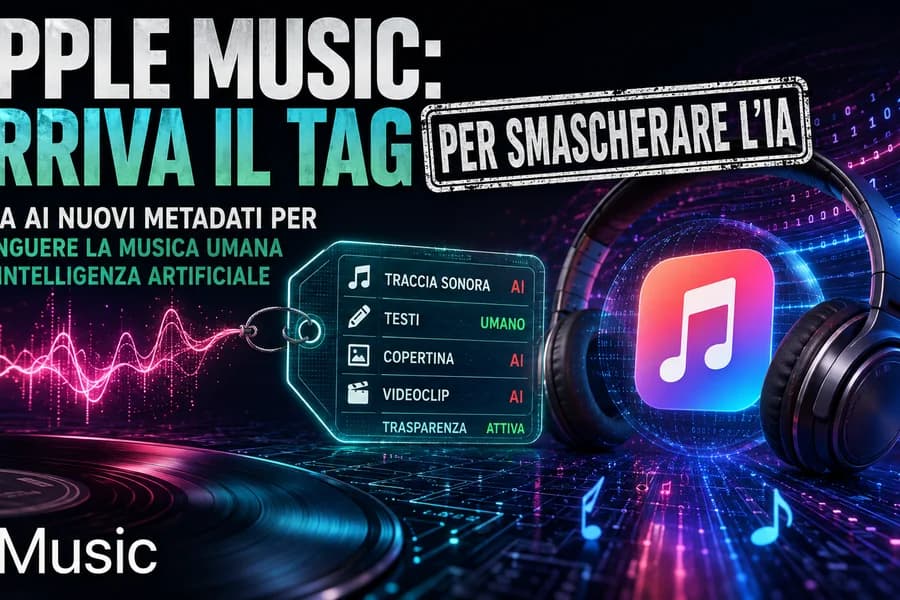 Infografica Apple Music con cuffie e un'etichetta dedicata alla musica generata con IA.
