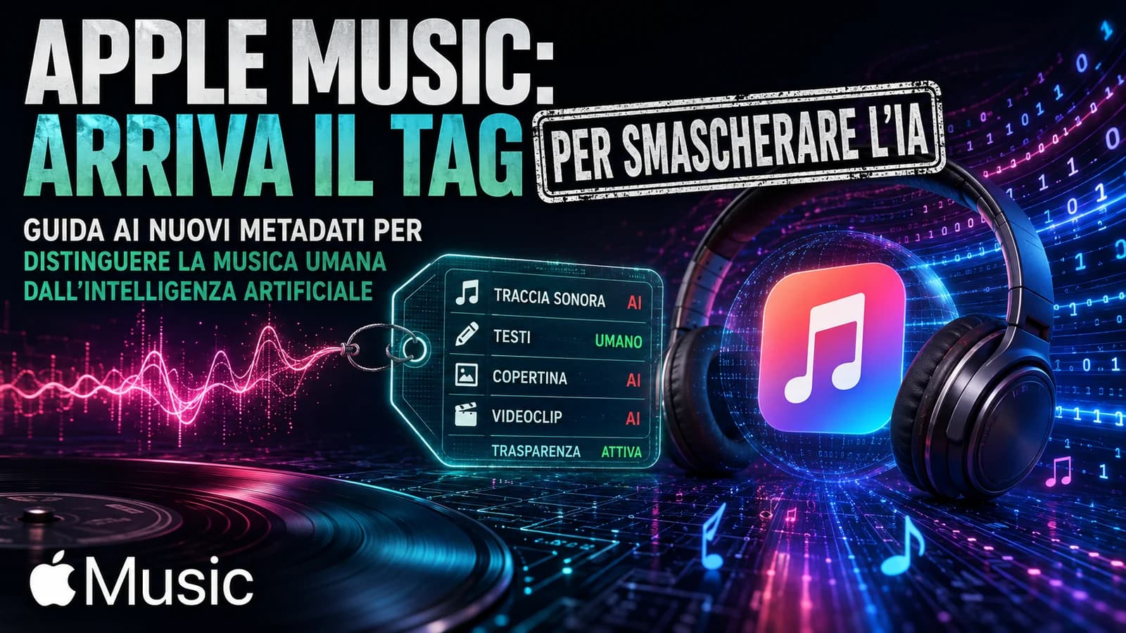 Infografica Apple Music con cuffie e un'etichetta dedicata alla musica generata con IA.