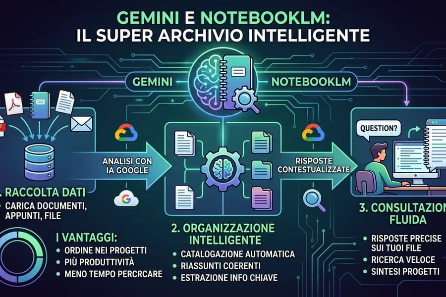 Infografica di Gemini e NotebookLM come archivio intelligente con documenti e percorsi di ricerca.