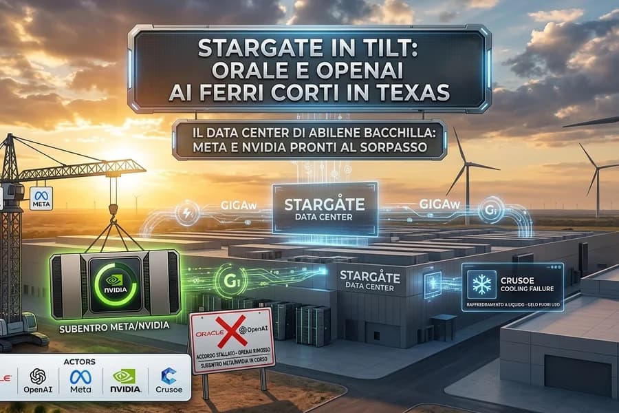 Infografica dei data center Stargate in Texas con loghi Oracle e OpenAI e grafici di investimento.