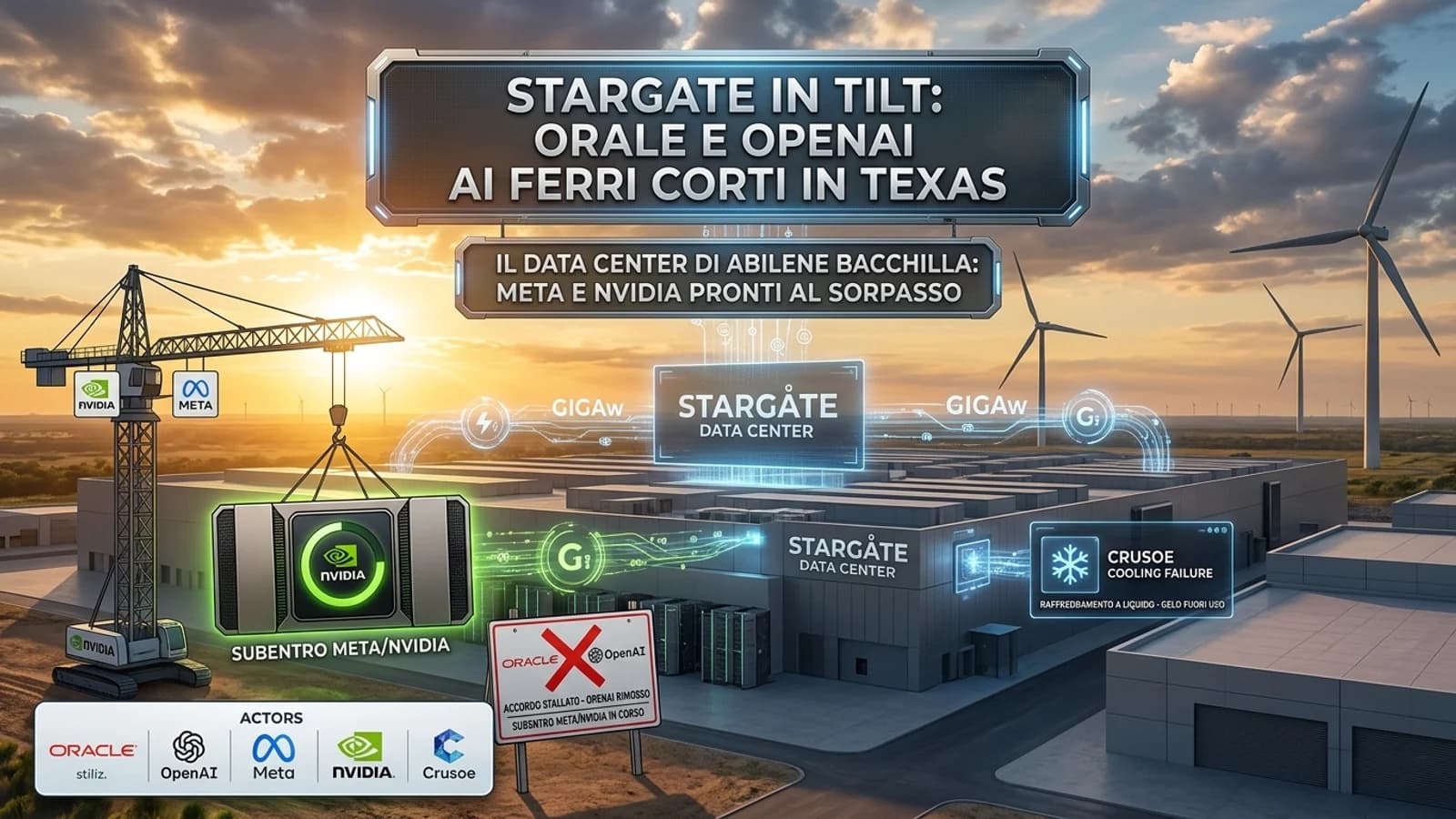 Infografica dei data center Stargate in Texas con loghi Oracle e OpenAI e grafici di investimento.