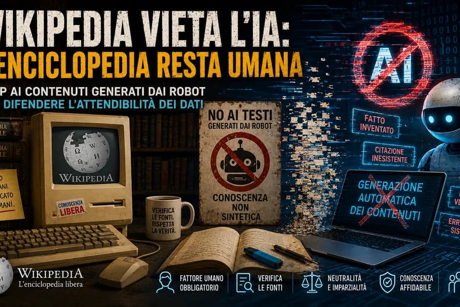 Computer d'epoca e simboli Wikipedia in una grafica sul ruolo umano nella scrittura dell'enciclopedia.