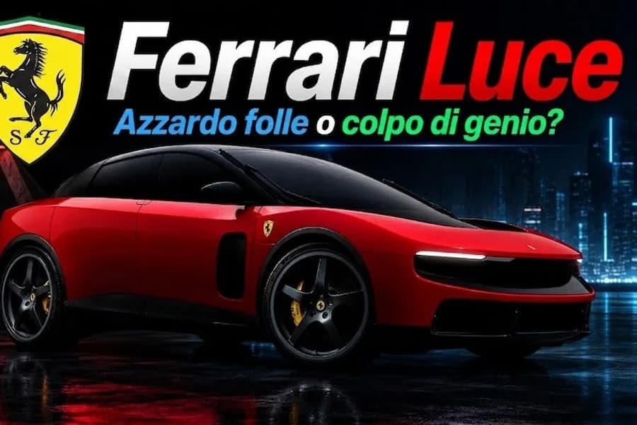 Render di una Ferrari Luce rossa su sfondo notturno con grafica del marchio.