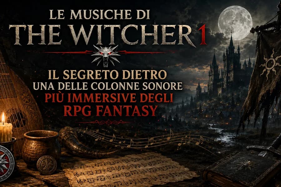 Paesaggio fantasy medievale e strumenti musicali in una copertina sulla colonna sonora di The Witcher.