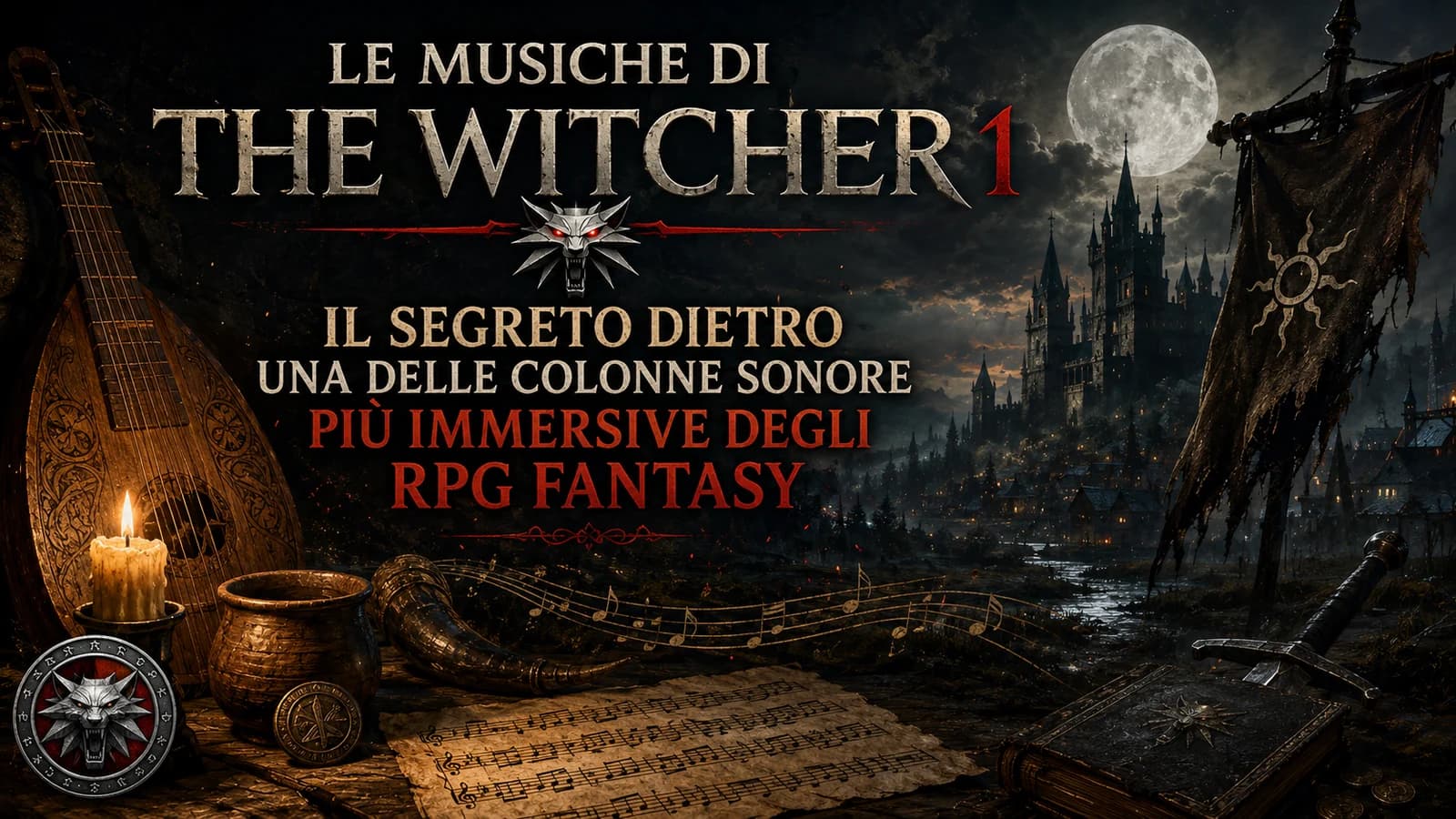 Paesaggio fantasy medievale e strumenti musicali in una copertina sulla colonna sonora di The Witcher.