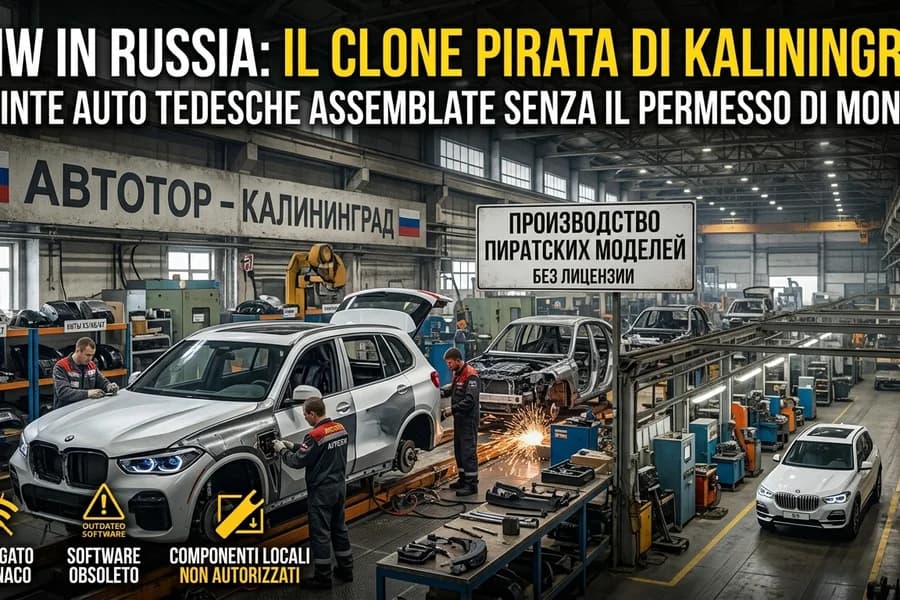 Automobili simili a BMW in un impianto di assemblaggio con riferimenti alla produzione in Russia.