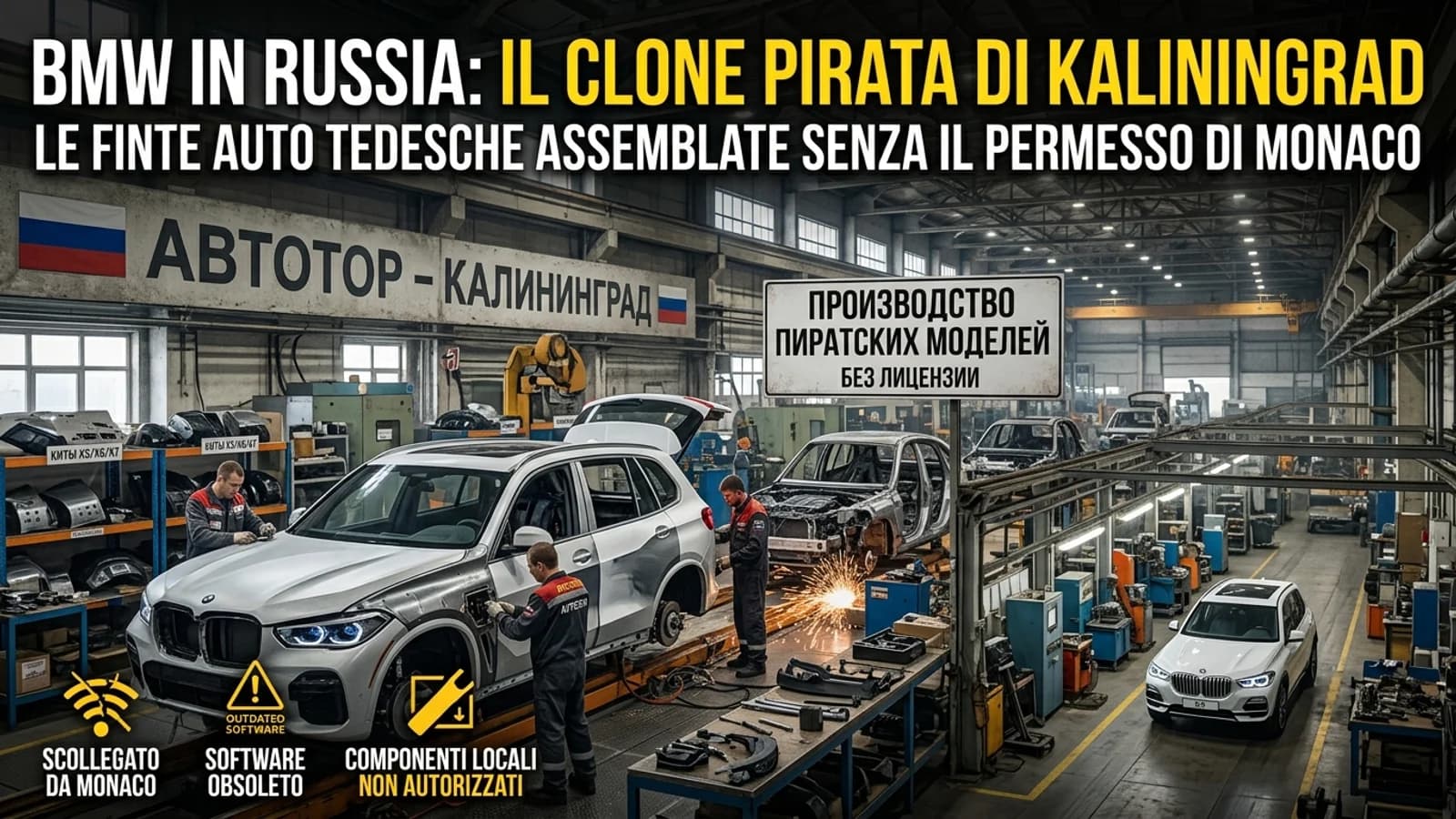 Automobili simili a BMW in un impianto di assemblaggio con riferimenti alla produzione in Russia.
