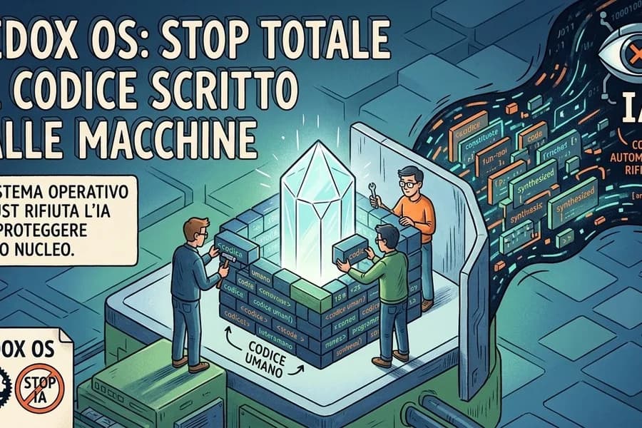 Illustrazione di sviluppatori e sistemi digitali dedicata al divieto di codice IA in Redox OS.