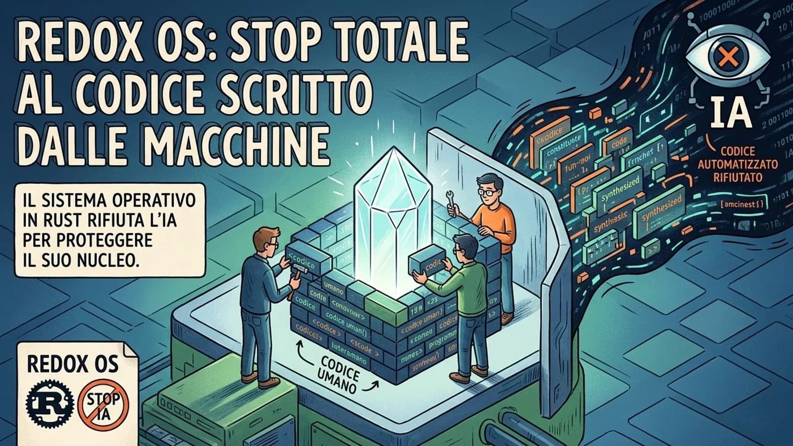 Illustrazione di sviluppatori e sistemi digitali dedicata al divieto di codice IA in Redox OS.