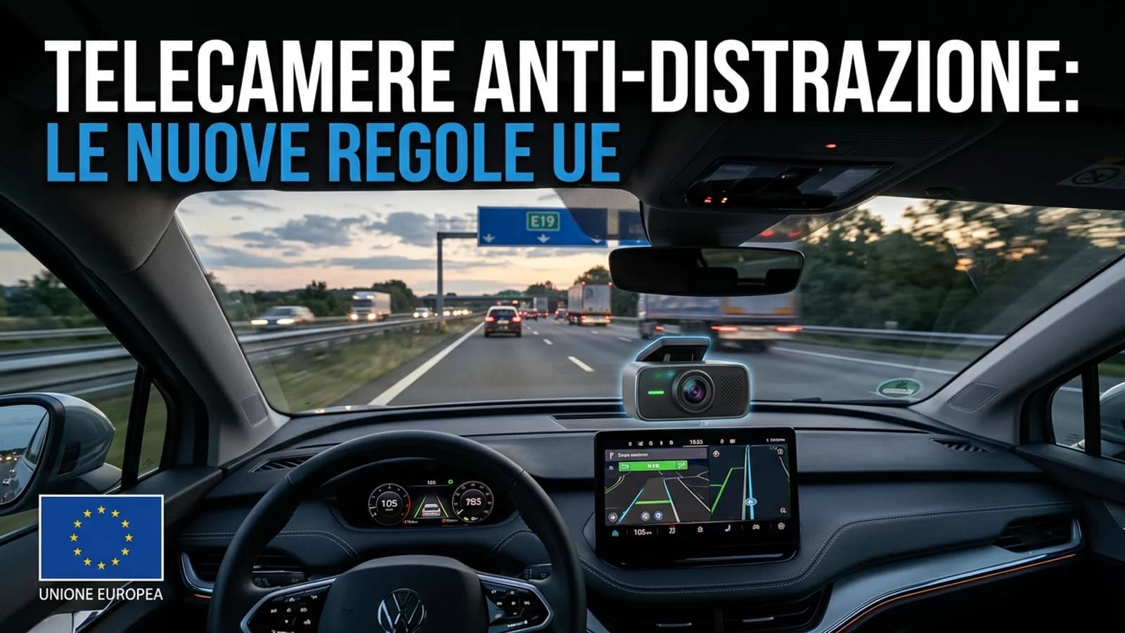 Interno di un'automobile con telecamere di monitoraggio del conducente e indicazioni sulle regole UE.