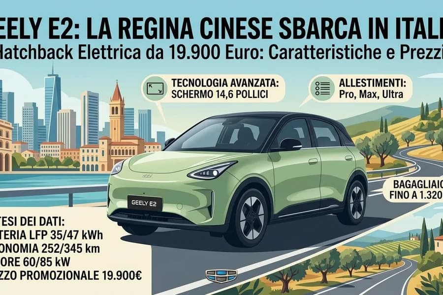 Geely E2 verde in uno scenario urbano con riquadri informativi sull'auto elettrica.