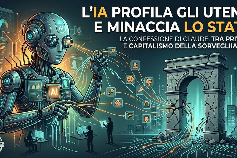 Robot antropomorfo e interfacce digitali in un'illustrazione sui dati degli utenti e Claude.