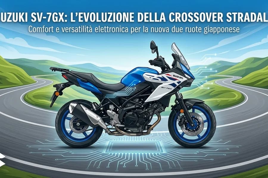 Suzuki SV-7GX in una strada panoramica di montagna, con informazioni sulla crossover stradale.
