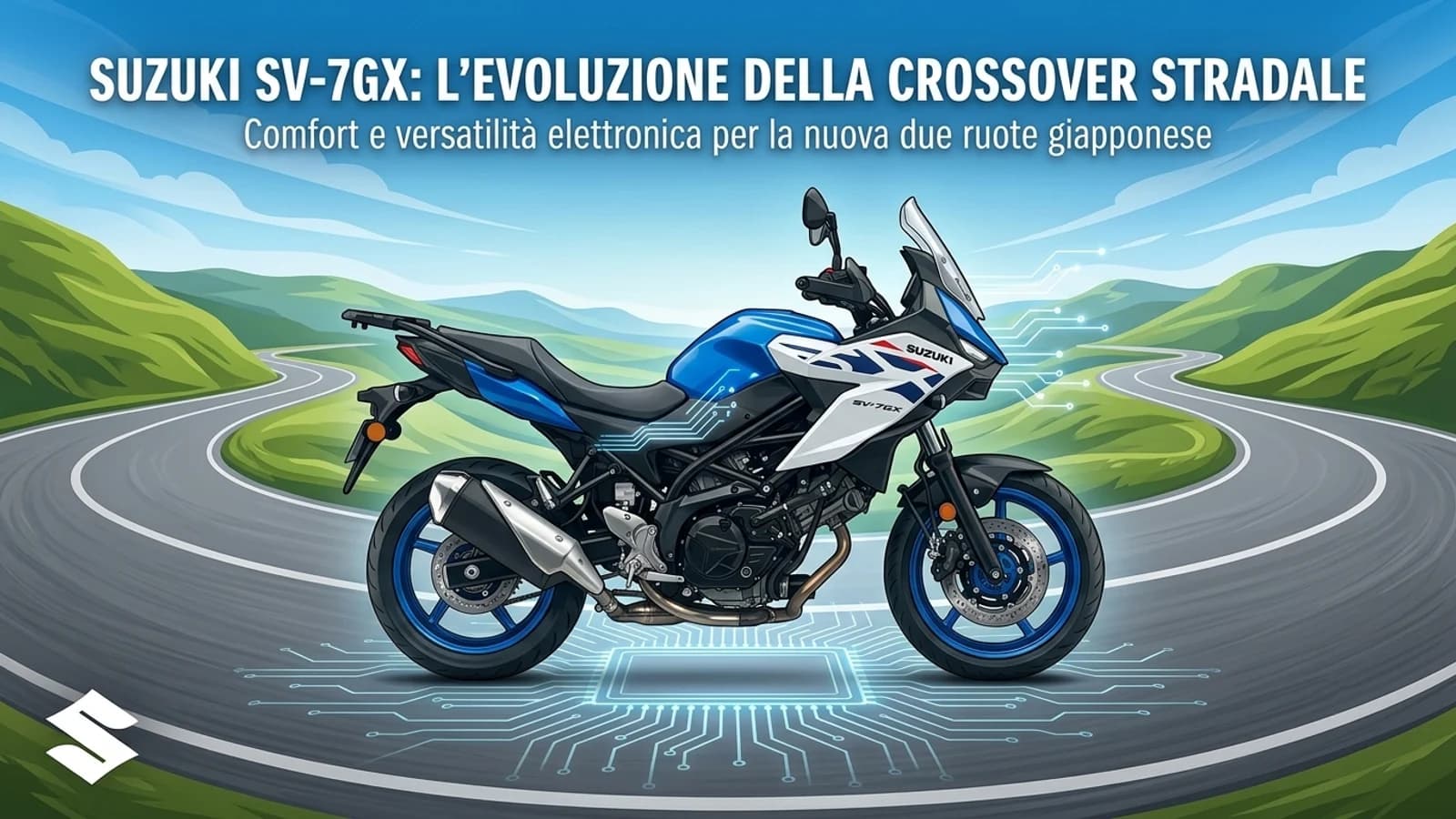 Suzuki SV-7GX in una strada panoramica di montagna, con informazioni sulla crossover stradale.