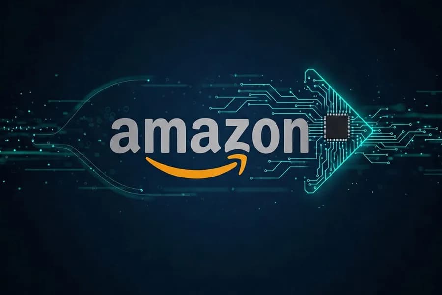 Logo Amazon con freccia digitale sullo sfondo di una rete tecnologica.