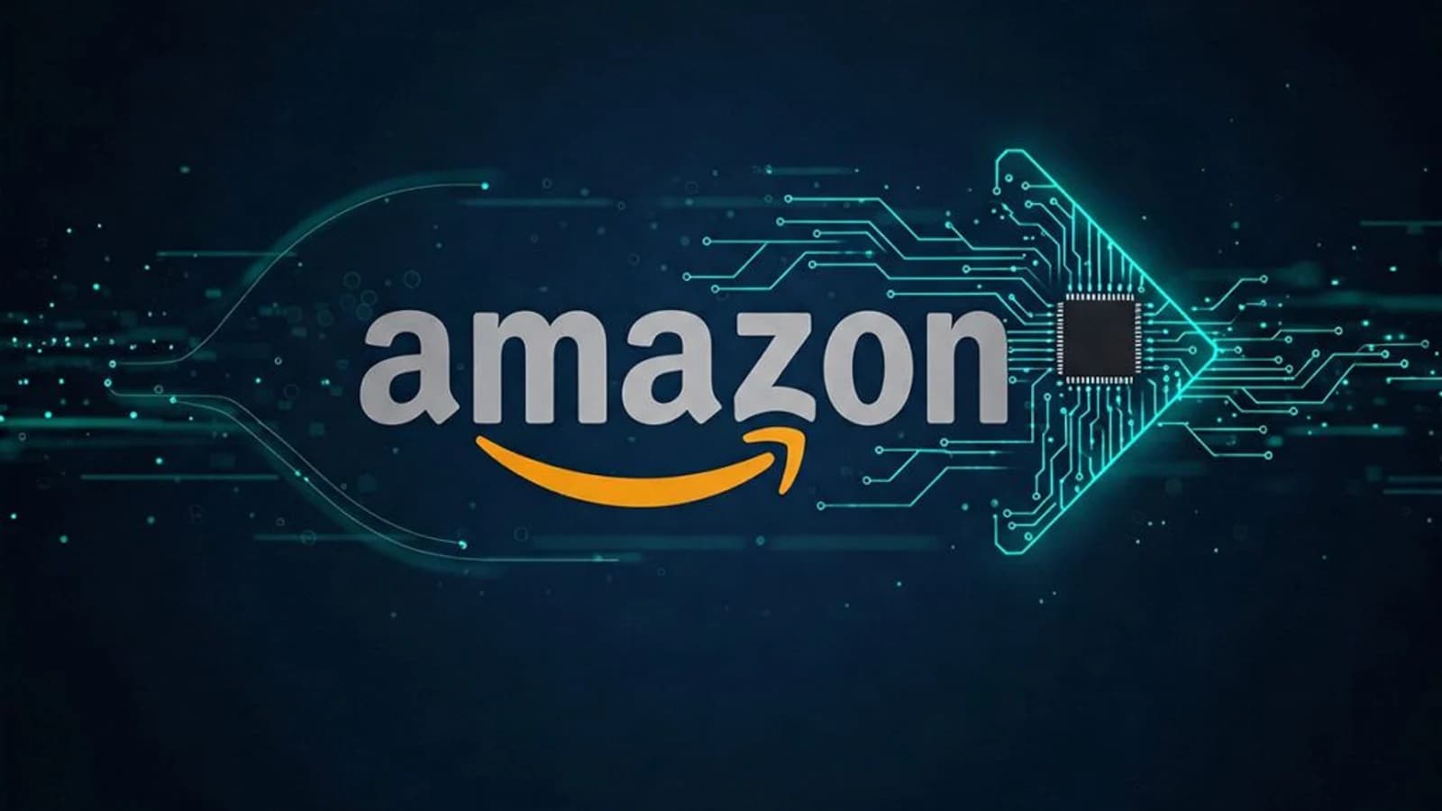 Logo Amazon con freccia digitale sullo sfondo di una rete tecnologica.