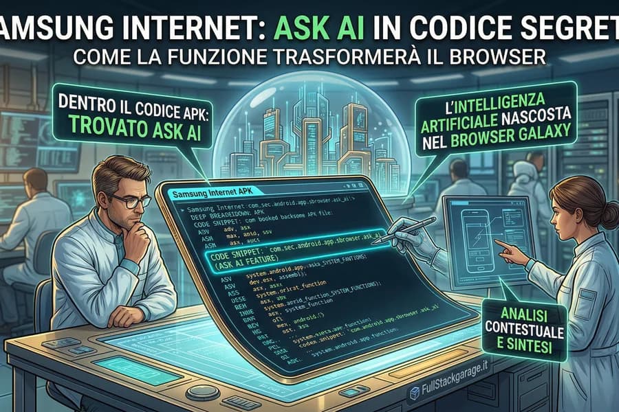 Illustrazione di tecnici Samsung e interfacce del browser Internet con funzioni Ask AI.