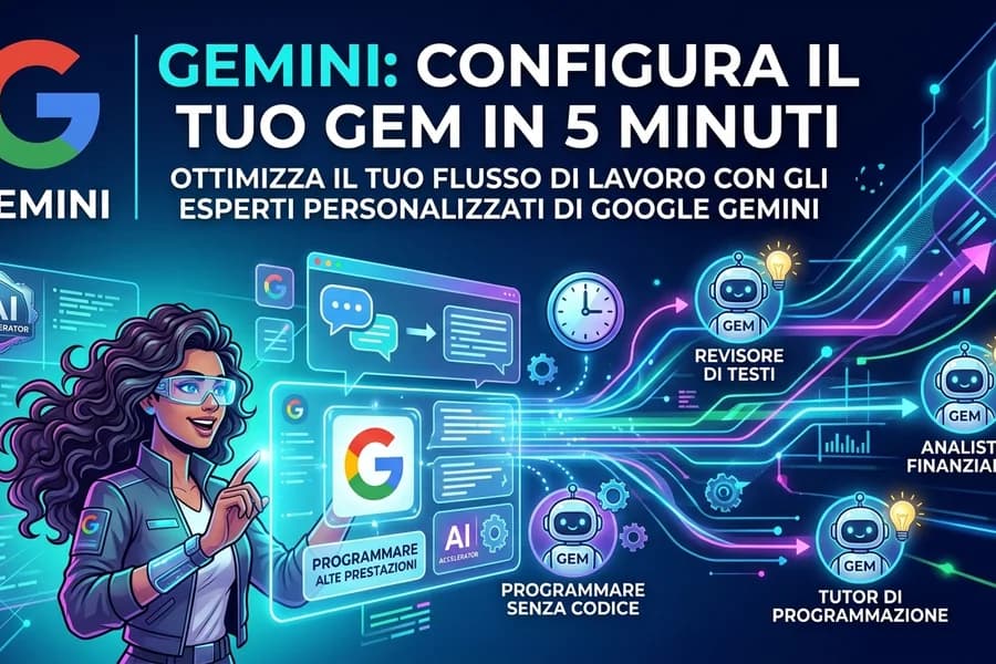 Infografica di Gemini con cinque passaggi per configurare un assistente personalizzato.